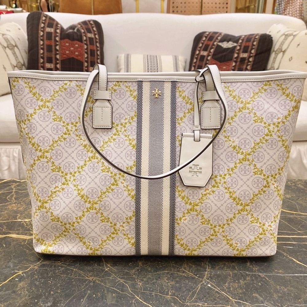 Tory Burch White and Gold Patterned Tote